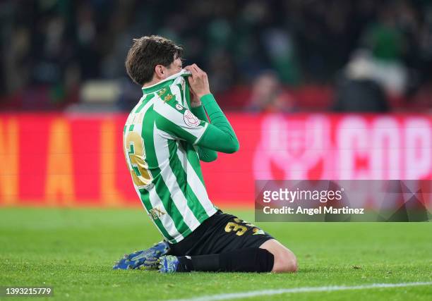 Juan Miranda of Real Betis reacts to scoring the winning penalty during a penalty shoot out during the Copa del Rey final match between Real Betis...