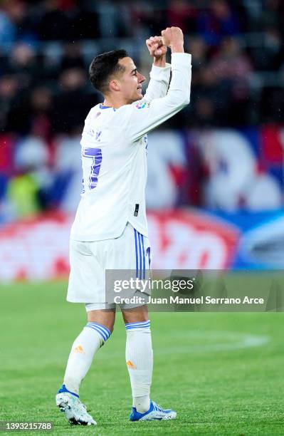 Lucas Vazquez of Real Madrid celebrates after scoring his team's third goal during the LaLiga Santander match between CA Osasuna and Real Madrid CF...