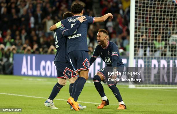 Lionel Messi of PSG celebrates his goal with Neymar Jr, Marquinhos during the Ligue 1 Uber Eats match between Paris Saint-Germain and RC Lens at Parc...