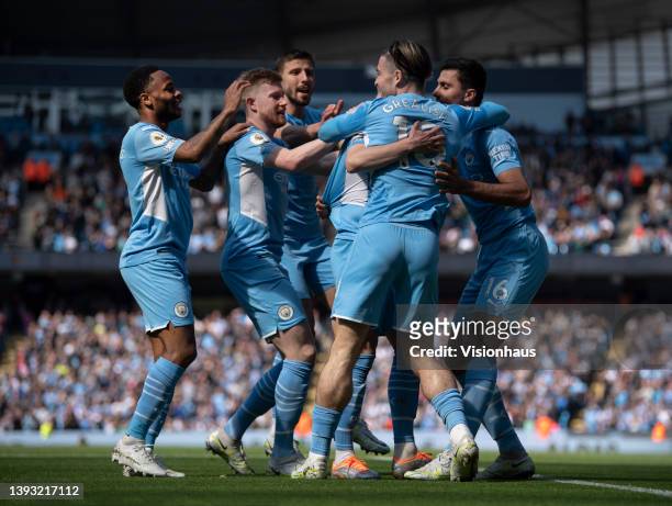 Kevin De Bruyne, Ruben Dias, Oleksandr Zinchenko, Jack Grealish and Rodri of Manchester City celebrate a goal during the Premier League match between...