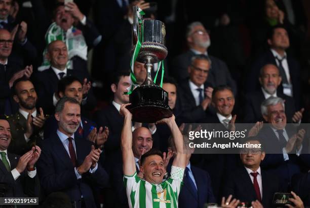 Joaquin of Real Betis lifts the Copa del Rey Trophy after the Copa del Rey final match between Real Betis and Valencia CF at Estadio La Cartuja on...