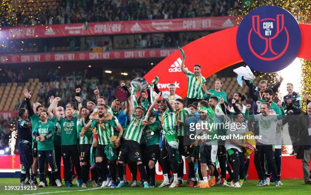 Joaquin of Real Betis lifts the Copa del Rey Trophy after the Copa del Rey final match between Real Betis and Valencia CF at Estadio La Cartuja on...