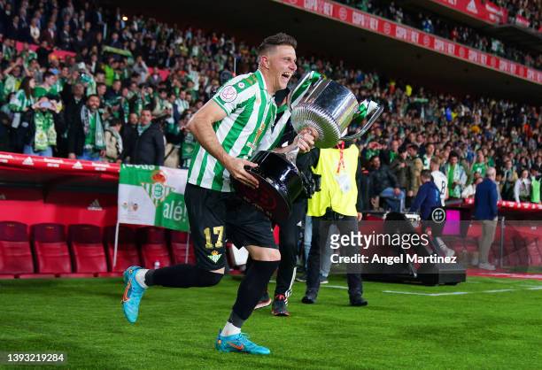 Joaquin of Real Betis runs with the Copa del Rey trophy in celebration after the Copa del Rey final match between Real Betis and Valencia CF at...