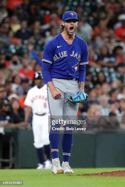 Adam Cimber of the Toronto Blue Jays celebrates a game ending double play on a line drive by Aledmys Diaz of the Houston Astros to Vladimir Guerrero...