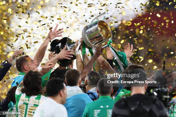 Players of Real Betis celebrate the victory with the Champions trophy during the Spanish Cup, Copa del Rey, football Final match played between Real...