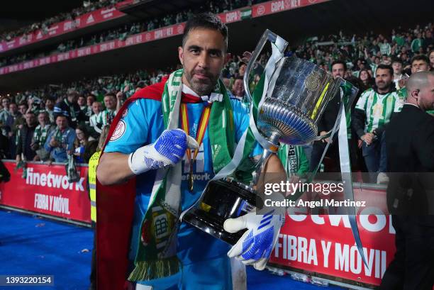 Claudio Bravo of Real Betis celebrates victory with the Copa del Rey trophy after the Copa del Rey final match between Real Betis and Valencia CF at...