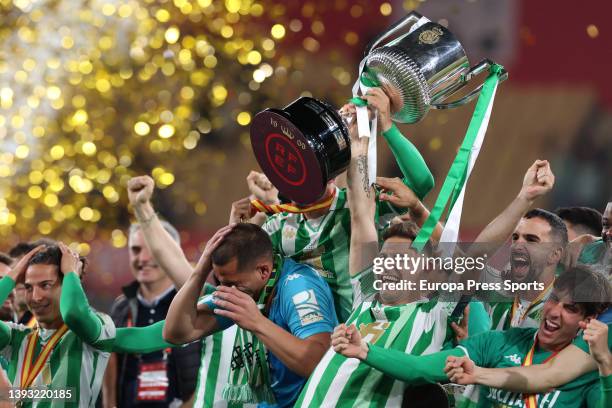 Joaquin Sanchez of Real Betis celebrate the victory with the Champions trophy and his teammates during the Spanish Cup, Copa del Rey, football Final...