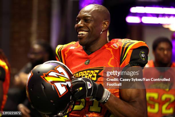 Terrell Owens of Zappers reacts before the game against the Glacier Boyz during Fan Controlled Football Season v2.0 - Week Two on April 23, 2022 in...