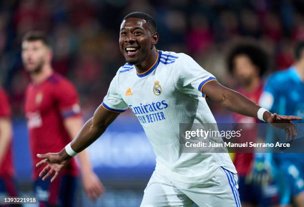 David Alaba of Real Madrid celebrates after scoring goal during the LaLiga Santander match between CA Osasuna and Real Madrid CF at Estadio El Sadar...