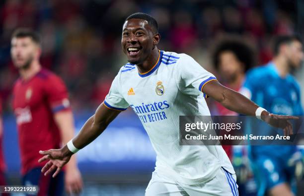 David Alaba of Real Madrid celebrates after scoring goal during the LaLiga Santander match between CA Osasuna and Real Madrid CF at Estadio El Sadar...