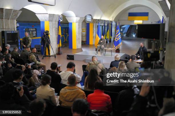 Ukraine President Volodymyr Zelenskyy attends a press conference at the Maidan Nezalezhnosti metro station on April 23, 2022 in Kyiv, Ukraine.