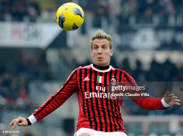 Maxi Lopez of AC Milan looks to control the ball during the Serie A match between AC Cesena and AC Milan at Dino Manuzzi Stadium on February 19, 2012...
