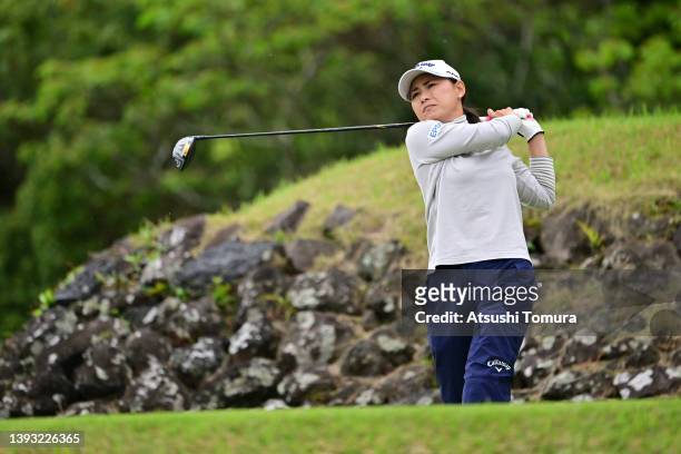Sakura Yokomine of Japan hits her tee shot on the 3rd hole during the final round of Fuji Sankei Ladies Classic at Kawana Hotel Golf Course on April...