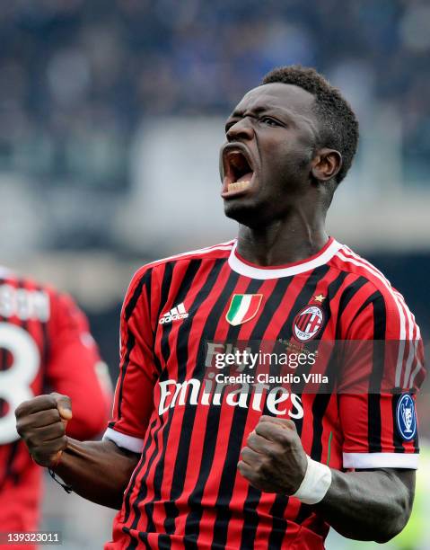 Sulley Muntari of AC Milan celebrates scoring the first goal during the Serie A match between AC Cesena and AC Milan at Dino Manuzzi Stadium on...