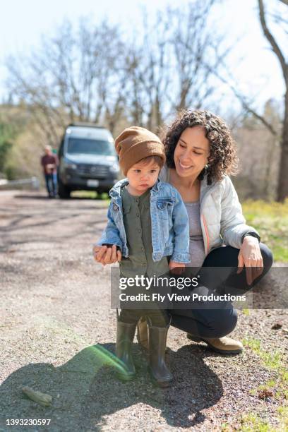 happy family on road trip in camper van - pregnant woman car stock pictures, royalty-free photos & images