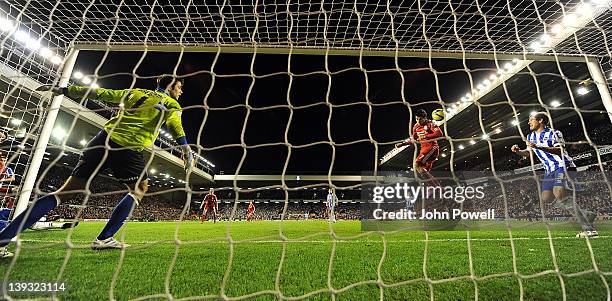 Luis Suarez of Liverpool heads in the sixth goal during the FA Cup Fifth round match between Liverpool and Brighton and Hove Albion at Anfield on...