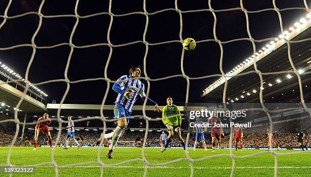 Lewis Dunk of Brighton & Hove Albion scores an own goal during the FA Cup Fifth round match between Liverpool and Brighton and Hove Albion at Anfield...