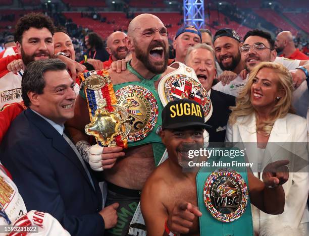 Tyson Fury celebrates victory after the WBC World Heavyweight Title Fight between Tyson Fury and Dillian Whyte at Wembley Stadium on April 23, 2022...