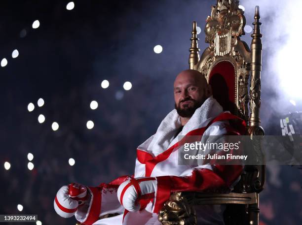 Tyson Fury sits on his throne before entering the ring prior to the WBC World Heavyweight Title Fight between Tyson Fury and Dillian Whyte at Wembley...