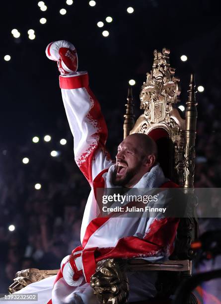 Tyson Fury sits on his throne before entering the ring prior to the WBC World Heavyweight Title Fight between Tyson Fury and Dillian Whyte at Wembley...