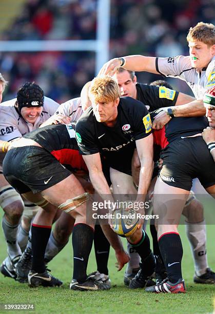 Hugh Vyvyan of Saracens passes the ball during the Aviva Premiership match between Saracens and Leicester Tigers at Vicarage Road on February 19,...