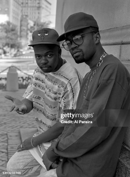 Musicians Kirk "Milk Dee" Robinson and DJ Nat "Gizmo" Robinson of the hip hop group "Audio Two" pose for a portrait at Grand Army Plaza on May 3,...