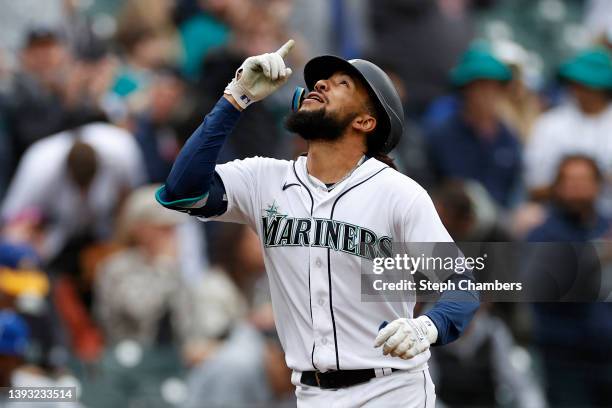 Crawford of the Seattle Mariners celebrates his two run home run against the Kansas City Royals during the first inning at T-Mobile Park on April 23,...