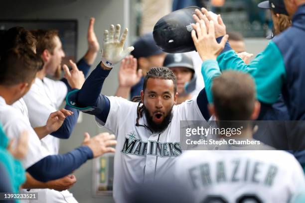 Crawford of the Seattle Mariners celebrates his two run home run against the Kansas City Royals during the first inning at T-Mobile Park on April 23,...