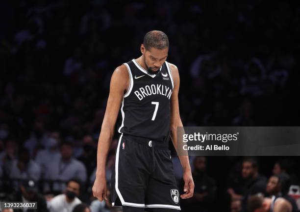 Kevin Durant of the Brooklyn Nets looks on against the Boston Celtics during Game Three of the Eastern Conference First Round NBA Playoffs at...