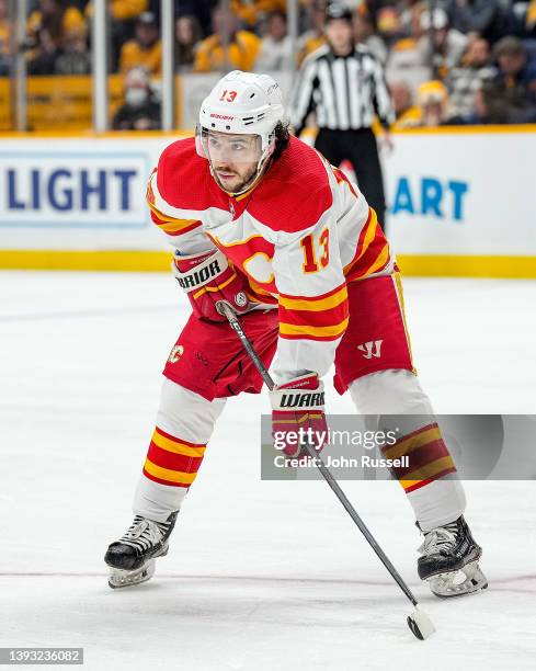 Johnny Gaudreau of the Calgary Flames skates against the Nashville Predators during an NHL game at Bridgestone Arena on April 19, 2022 in Nashville,...