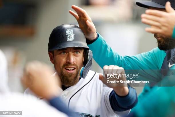 Tom Murphy of the Seattle Mariners scores on an RBI single by Jarred Kelenic during the second inning against the Kansas City Royals at T-Mobile Park...