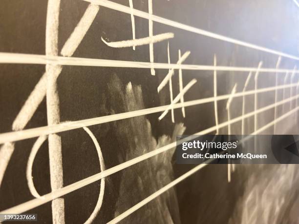 musical notes on treble clef staff with diminishing view - luogo non identificato foto e immagini stock