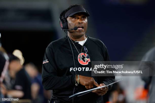 Head coach Kevin Sumlin of Houston Gamblers calls a play from the sidelines of the game against the Birmingham Stallions at Protective Stadium on...