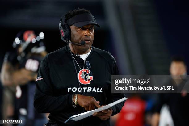 Head coach Kevin Sumlin of Houston Gamblers calls a play from the sidelines of the game against the Birmingham Stallions at Protective Stadium on...