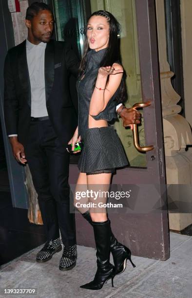 Bella Hadid arrives at Gigi Hadid's 27th birthday party at Zero Bond on April 23, 2022 in New York City.