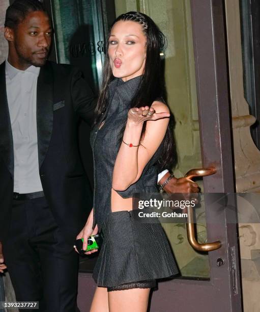 Bella Hadid arrives at Gigi Hadid's 27th birthday party at Zero Bond on April 23, 2022 in New York City.
