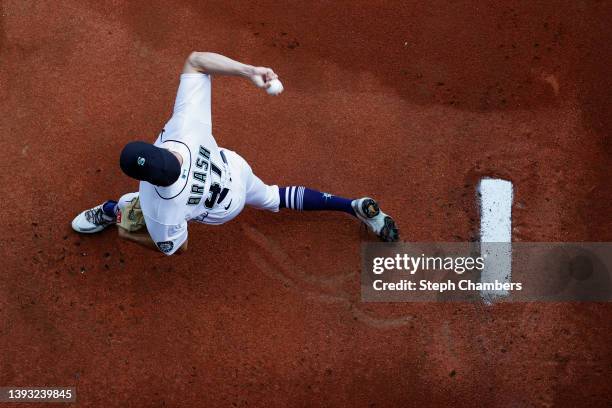 Matt Brash of the Seattle Mariners warms up before the game against the Kansas City Royals at T-Mobile Park on April 23, 2022 in Seattle, Washington.