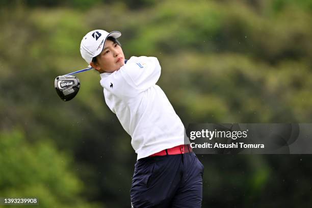 Aya Kinoshita of Japan hits her tee shot on the 7th hole during the final round of Fuji Sankei Ladies Classic at Kawana Hotel Golf Course on April...