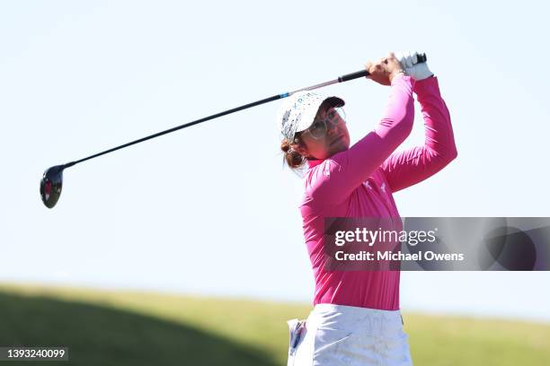 Marina Alex of the United States tees off the 17th hole during the third round of the DIO Implant LA Open at Wilshire Country Club on April 23, 2022...