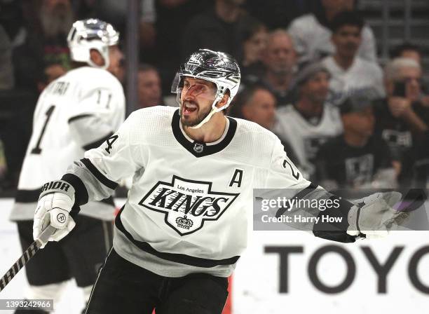 Phillip Danault of the Los Angeles Kings argues for a high sticking penalty as he skates off the ice during the first period against the Anaheim...