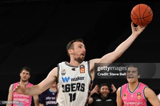 Mitch McCarron of the 36ers gets the rebound during the round 21 NBL match between New Zealand Breakers and Adelaide 36ers at MyState Bank Arena on...