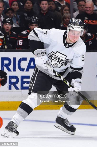 Jacob Moverare of the Los Angeles Kings skates on the ice during the first period against the Anaheim Ducks at Crypto.com Arena on April 23, 2022 in...