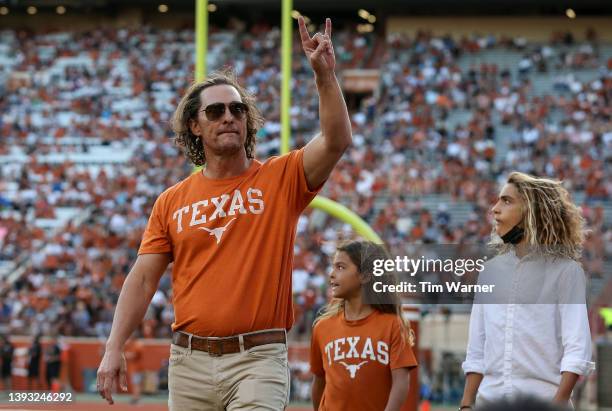 Actor Matthew McConaughey attends the Orange-White Spring Game at Darrell K Royal-Texas Memorial Stadium on April 23, 2022 in Austin, Texas.
