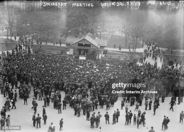 Aerial view of the crowd participating in a Socialist meeting on Labor Day in Union Square, New York, May 1, 1908.