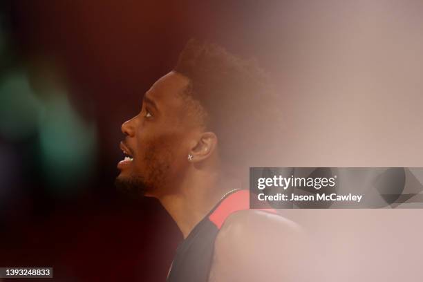 Antonius Cleveland of the Hawks warms up ahead of the round 21 NBL match between Sydney Kings and Illawarra Hawks at Qudos Bank Arena on April 24,...