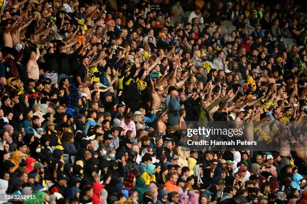 Phoenix fans show their support during the A-League Mens match between Wellington Phoenix and Western Sydney Wanderers at Eden Park, on April 24 in...