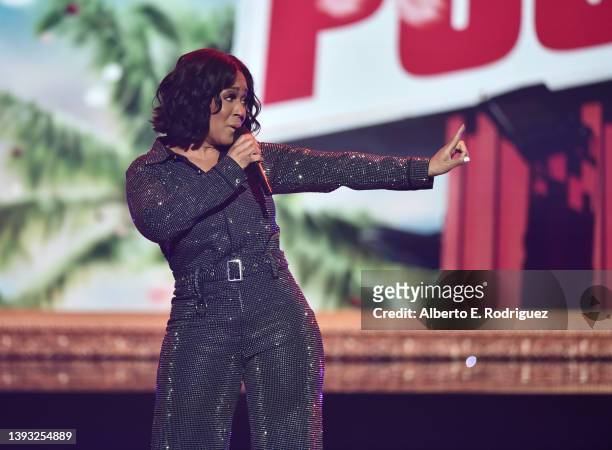 Erica Campbellon stage at the 30th Anniversary Bounce Trumpet Awards at Dolby Theatre on April 23, 2022 in Hollywood, California.