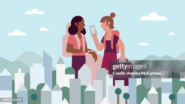 two girlfriends look at mobile phone while traveling in cityscape together - holiday home illustration stock illustrations