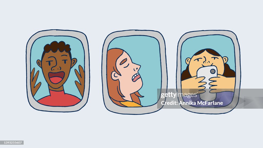 Three Diverse People Look Out Airplane Window