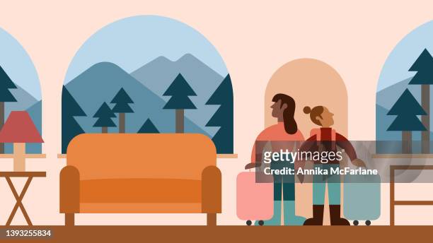 two people couple friends in vacation rental with luggage in countryside - tourist resort stock illustrations
